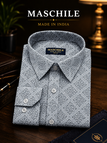 Steel Grey Ornamental Print Pure Cotton Slim Fit Full Sleeve Shirt