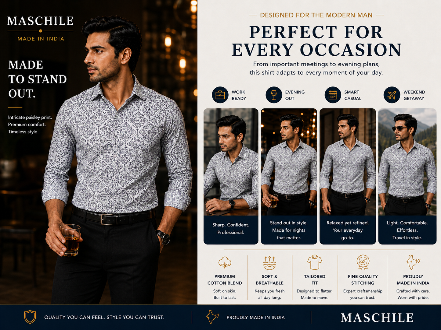 Steel Grey Ornamental Print Pure Cotton Slim Fit Full Sleeve Shirt
