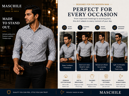 Steel Grey Ornamental Print Pure Cotton Slim Fit Full Sleeve Shirt