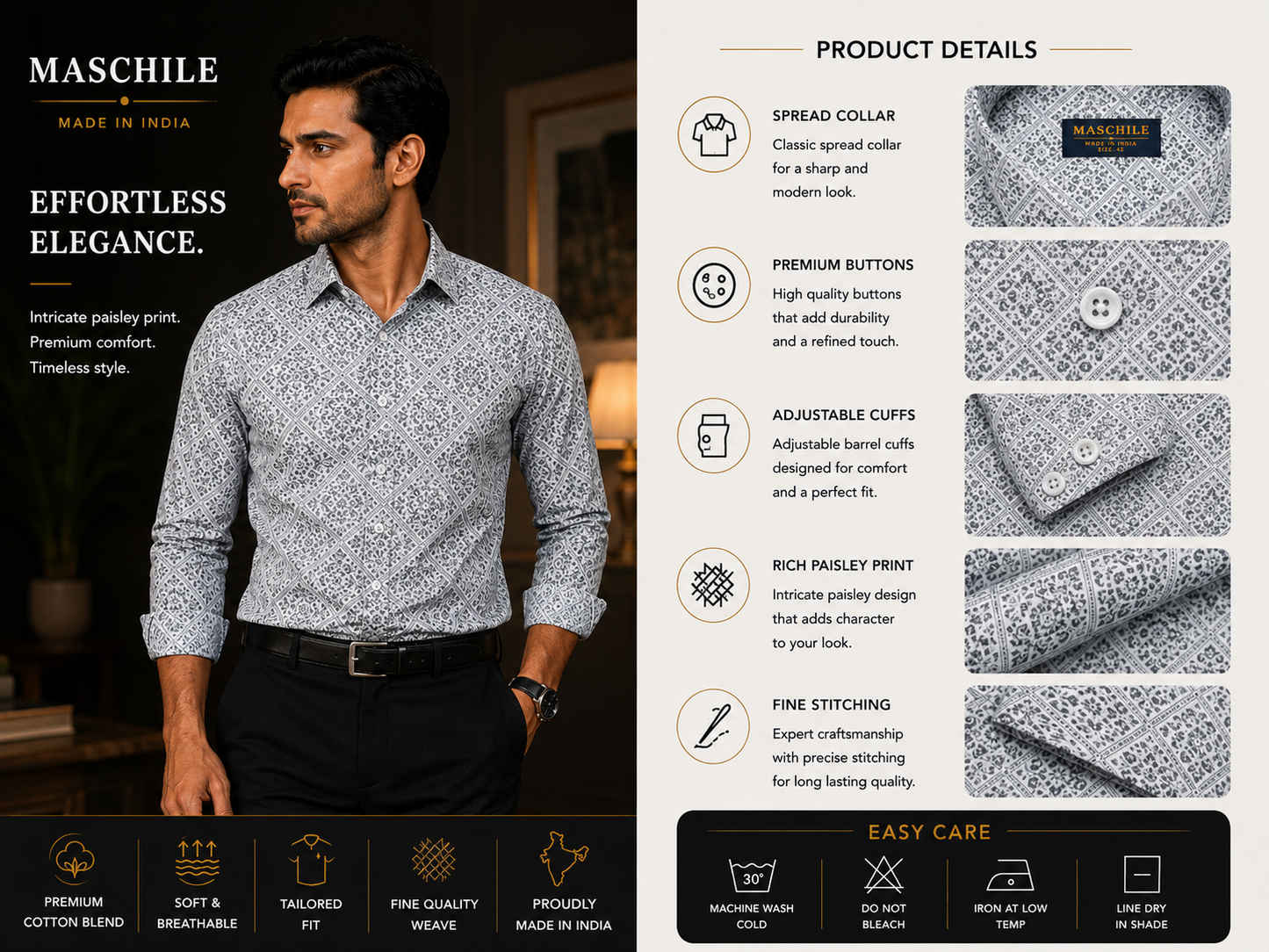Steel Grey Ornamental Print Pure Cotton Slim Fit Full Sleeve Shirt