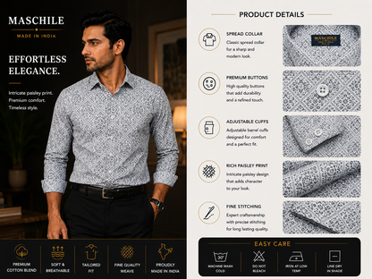Steel Grey Ornamental Print Pure Cotton Slim Fit Full Sleeve Shirt