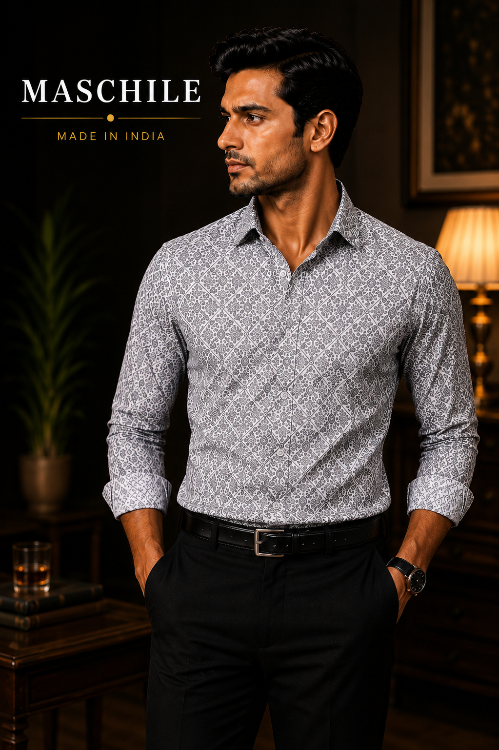 Steel Grey Ornamental Print Pure Cotton Slim Fit Full Sleeve Shirt