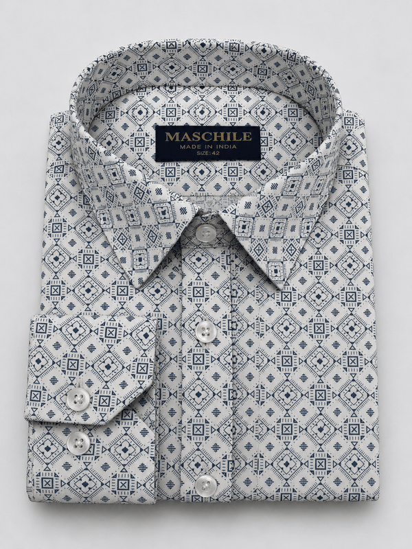 MASCHILE Luxury White & Navy Geometric Print Cotton Shirt - ShopYouLike