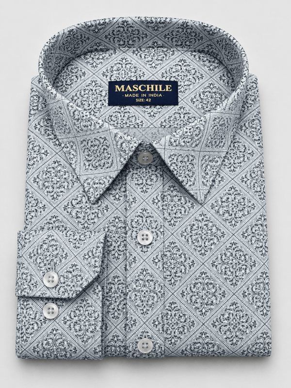 Maschile Men's Pure Cotton Steel Grey Ornamental Print Slim Fit Full Sleeve Shirt - ShopYouLike