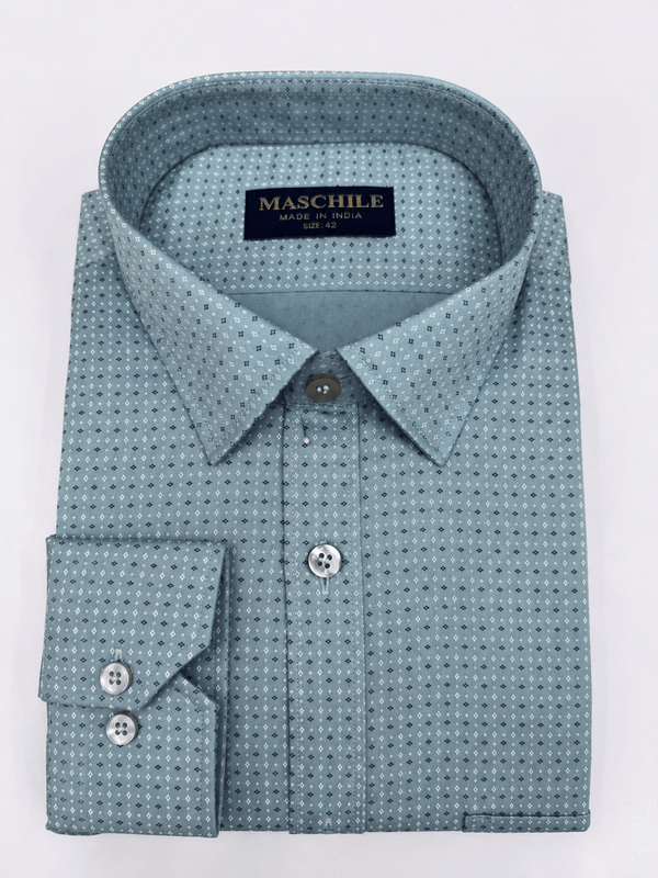 MASCHILE Men’s Sage Green Geometric Micro - Print Formal Shirt Cotton Premium - ShopYouLike