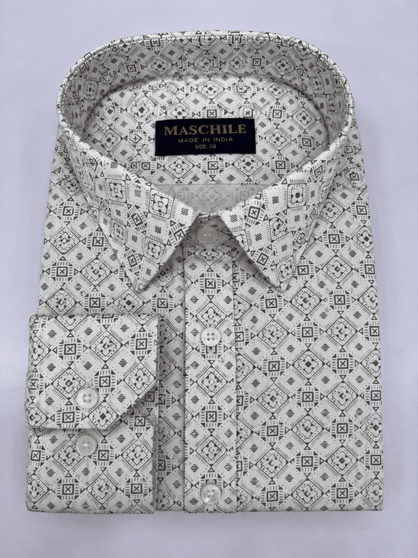 MASCHILE Premium Ivory White Slim Fit Printed Cotton Shirt for Men | Luxury Full Sleeve Shirt - ShopYouLike