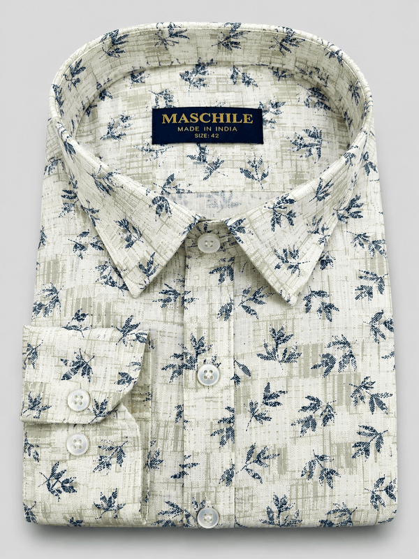 Men's Premium Pure Cotton Off White Leaf Print Full Sleeve Shirt - ShopYouLike