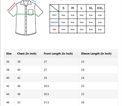 Measurement chart for a shirt with size chart and dimensions